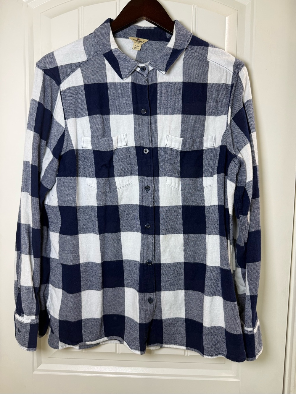 Woolrich Womens XL Blue White Buffalo Plaid Flannel Button Down Shirt HLT0669S